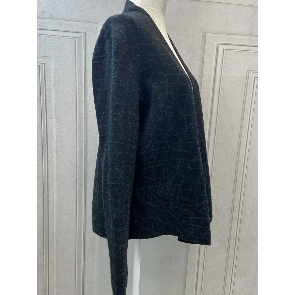 Eileen Fisher Cardigan Sweater Womens L Black Cotton Blend Geometric Open Knit
